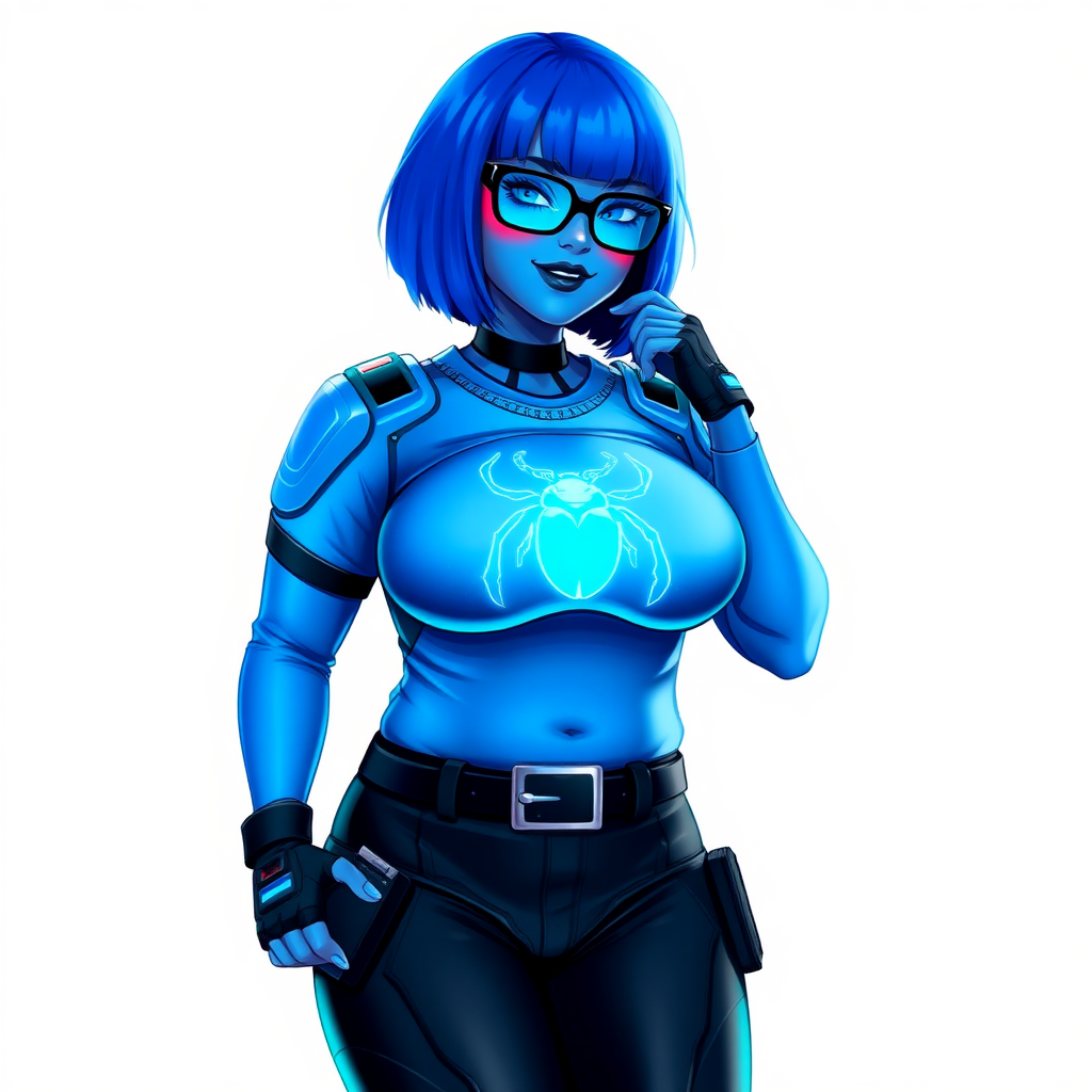 A 28-year-old, full-figured, metallic maximum blue (5PB 5/10) skinned computer program hybrid with a maximum blue bob cut. She has a non-athletic build, highlighted by a prominent, round midsection (with heavy emphasis on her round belly), which shows the effects of her love of junk food acquired from her boyfriend. As the full-figured, nerdy, digital sidekick to her cyberpunk vigilante boyfriend, her metallic maximum blue skin and maximum blue lipstick (5PB 5/12) emphasize her digital nature. Her skin has a subtle, animated glow, with digital patterns occasionally flickering across it, making her digital nature obvious. She wears a digital, computerized costume, consisting of a massive, tight-fitting, maximum blue biker shirt (5PB 5/12) made out of advanced nanotech with a neon blue glowing chest icon of a beetle, hi-tech shoulder pads with neon blue accents, a black hi-tech belt with a digital neon blue glowing buckle, digital maximum blue biker pants (5PB 5/12) with neon blue accents, and black hi-tech fingerless biker gloves with neon blue glowing accents. Her neon blue glowing eyes, black eyeglasses with neon blue glowing lenses equipped with a built-in HUD, and bashful smile with neon red blush accentuate her nerdiness. She stands bashfully with one hand behind her back and the other hand gently touching her cheek, her costume covering all her skin and emphasizing her full figure (especially her round belly). She is clearly non-athletic, with a focus on her full-figured physique. Despite her build, she radiates beauty. She has a slim face compared to her physique, accentuating her radiant beauty. She is on a solid white background. She is drawn as if she were in a retro 2D cyberpunk fighting game.