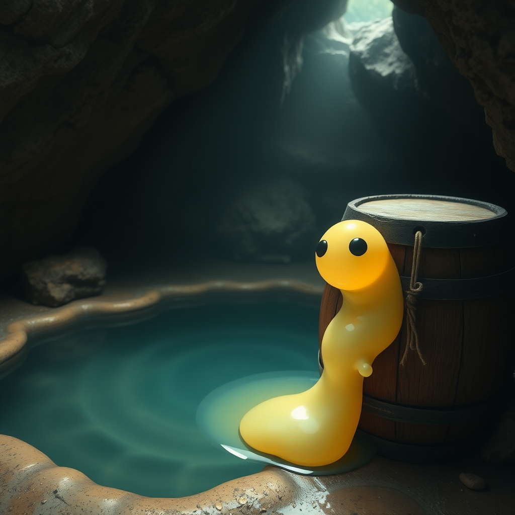 A small pool in a cave with a wooden barrel next to it that has a small round transparent pale yellow slime monster crawling out of the barrel.