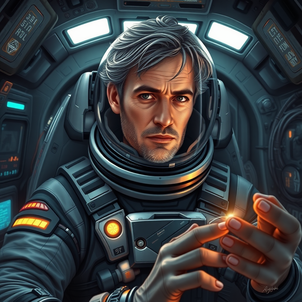 Depict Ryland Grace, a human astronaut from the book Project Hail Mary, aboard a futuristic spacecraft. He is wearing a sleek, modern space suit with a transparent helmet revealing his face, showing determination and intelligence. Grace is middle-aged with short, disheveled hair and a slightly rugged appearance, the result of his long journey in space. The suit is adorned with glowing indicators and advanced life-support systems. The spacecraft interior is cramped but filled with sophisticated technology, glowing control panels, and intricate wiring. Grace is shown either analyzing data or interacting with alien technology, reflecting his problem-solving skills and the high-stakes mission he's on. The environment should evoke a sense of isolation in deep space, yet there is a focus on his critical task of saving humanity.