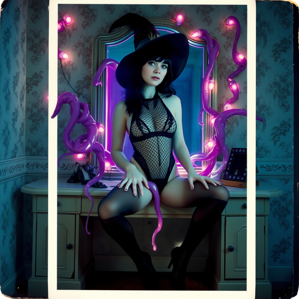 Scan of an nsfw old polaroid photograph with visible wear and heavy vignetting and blue color tint and light leaks, depicting a sexy pale curvy alt goth girl with black hair wearing skimpy fishnet black bodysuit and gstring revealing her nipples and wearing black stockings and high heels, sitting on a builtin vanity with mirror in old house with wallpaper on walls with her knees spread apart. Camera flash used. Dark lighting. Moody and hazy. Grunge look. Erotic. Nude. Pink Christmas Lights on wall. She is wearing a witch hat and is being restrained by giant glowing translucent slimy jello like purple vines dripping goo coming from inside glowing purple portal in the mirror, wrapping tightly around her arms and legs and torso. The vines are pulling her back towards the mirror.