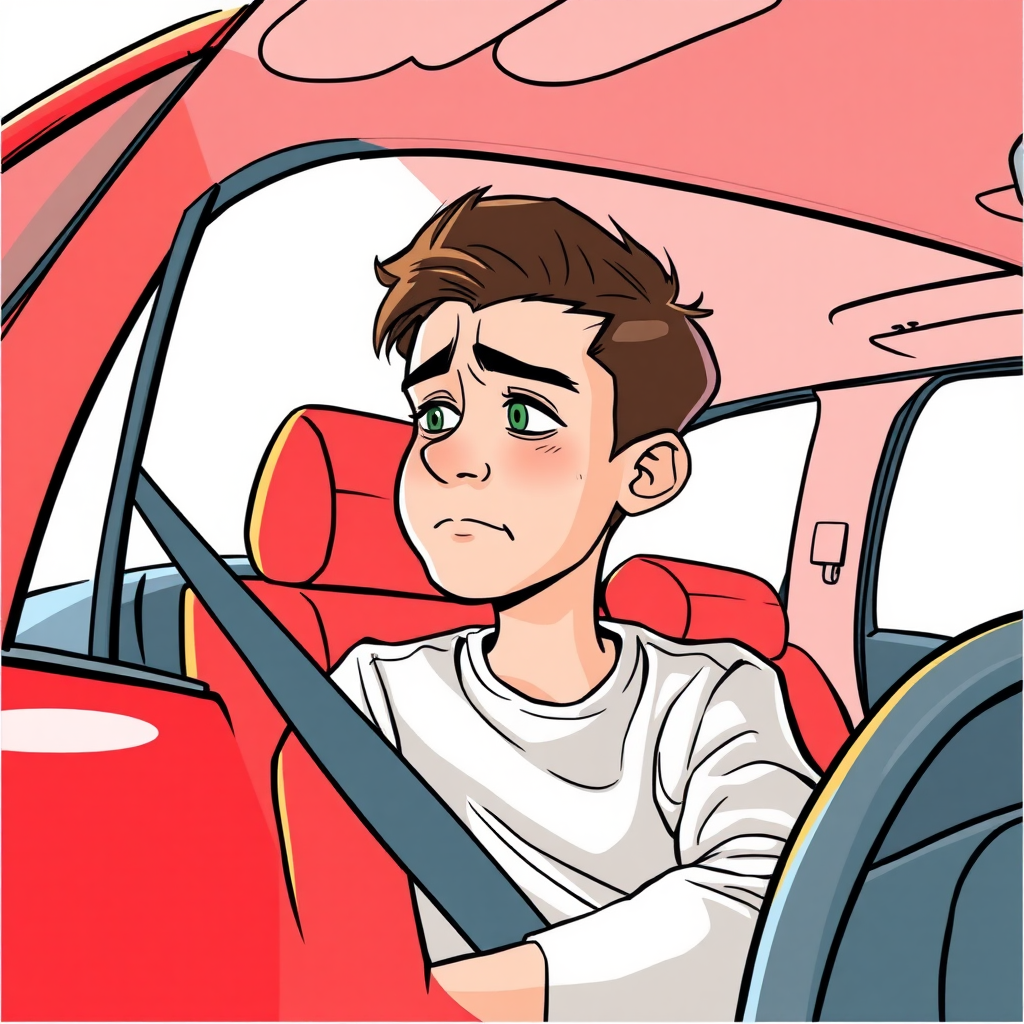 short, uneased, sweating, 17 year old european boy, detailed features, sitting inside a red VW Polo III long establishing shot, 2D, caricature, cartoon, Sketch lines, coloring book, coloring book style on white background, well composed, clean coloring book page, No dither, no gradient, strong outline, No fill, No solids, vector illustration, side view, vector illustration, movement lines