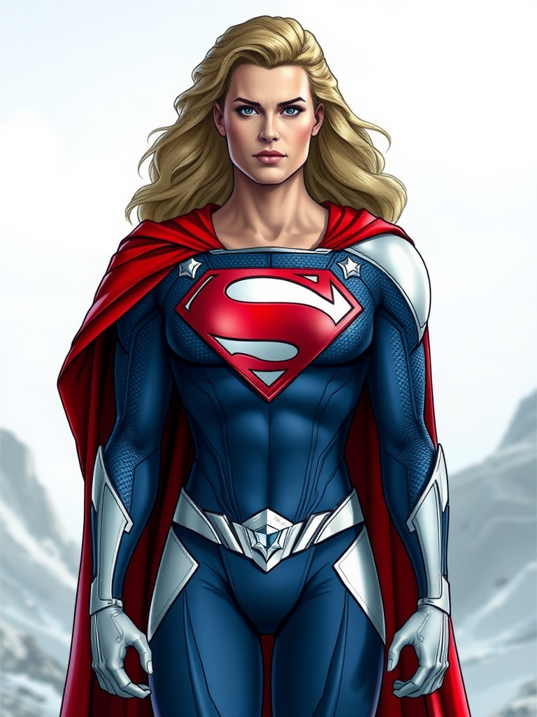 Create a full-length image combining elements from two characters. Superman should have the feminine body type of Emma Frost while his classic head remains unchanged. Incorporate embellishments from Emma Frost's costume into Superman's outfit. The background should be fitting for both characters' usual settings.