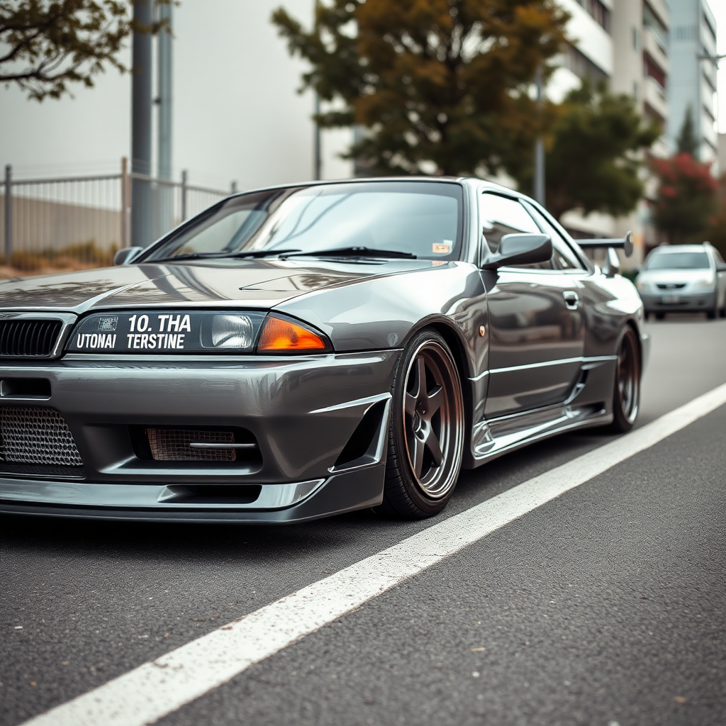 The car is parked on the side of the road, inspired by Taiyō Matsumoto, tumblr, restomod, nd4, c4 metallic shine gray black nissan skyline r34 kalabalik tokyo gece arkaplan