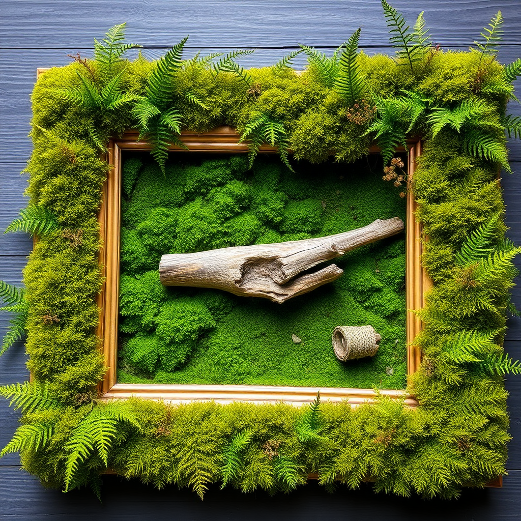 A horizontally oriented picture frame is filled with ferns and moss, with a piece of dead wood in the center. The moss is spread throughout the frame but does not extend onto the frame itself.