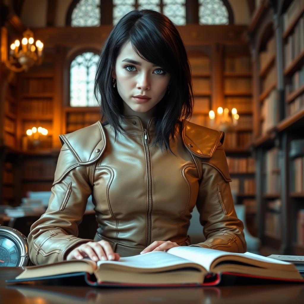 beautiful young woman, dark hair past her shoulders, blue eyes, small, slim figure, wearing full, light-brown leather armor suit, sitting, sandwich on table, reading a book, in a grand old library.