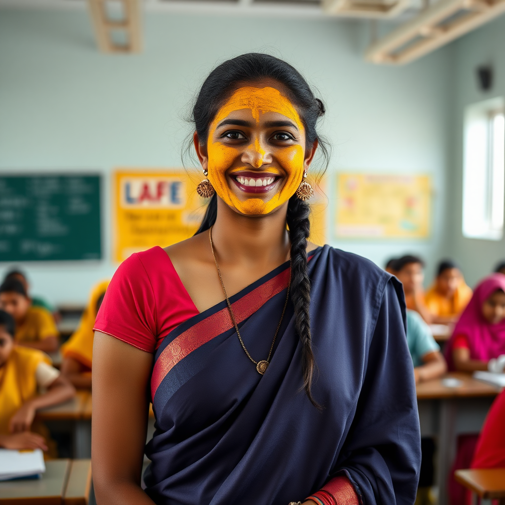 slim, 30 year old, sexy, indian female school teacher, saree, turmeric face mask. She is smiling and teaching students in a big classroom