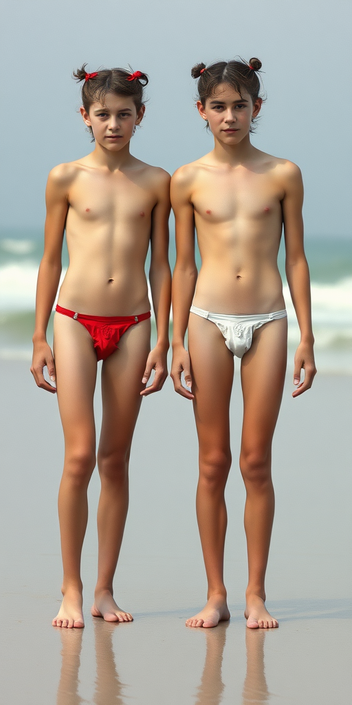 Two skinny 14yo teen boys, long hairs bow cut, wearing tight narrow thongs, long legs, narrow thighs. Beach. full-length view. 1980s. photorealistic, ultra high resolution, 16K, Negative: grainy, blurry, bad anatomy, extra limbs, watermark.