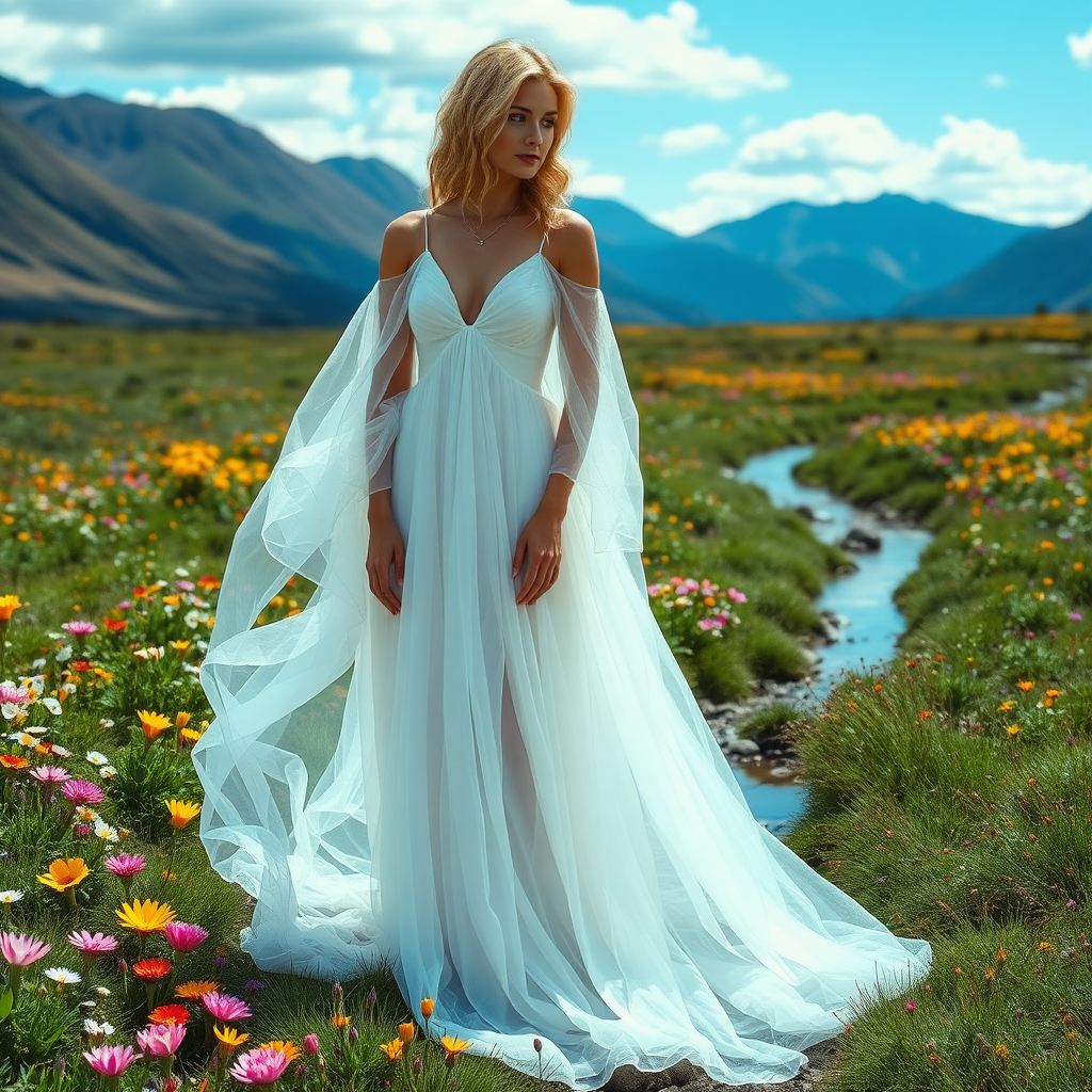 A Nixon person in a fully translucent, flowing gown. She is standing in a field of wild flowers, with mountains in the background. A stream is running through the field.