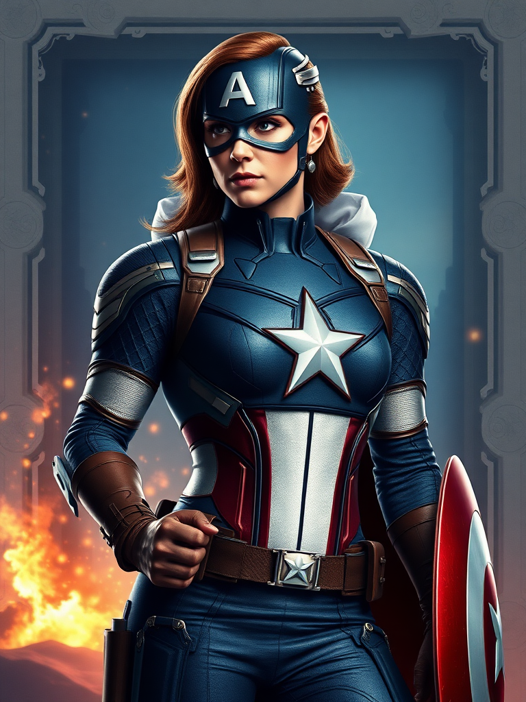 Create a full-length rendered image of Captain America, using the female figure of Snow White for the body. Retain Captain America's head, hairstyle, and facial features. Integrate elements of Snow White's costume into Captain America's attire, adjusting it to fit the new proportions. Design the background inspired by both characters, incorporating iconic symbols and settings that reflect their worlds, merging the heroic and fairytale atmospheres seamlessly. Ensure the image captures the strength of Captain America alongside the whimsy and charm of Snow White, resulting in a unique and visually striking character fusion.