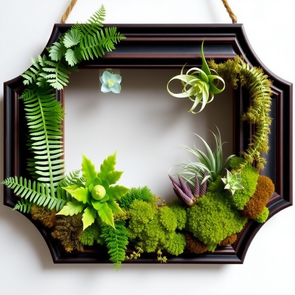 A picture frame is filled with ferns, flat moss, and air plants.