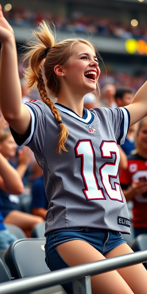 Attractive female NFL fangirl, pigtail hair, jersey, wildly cheering, in the bleacher crowd