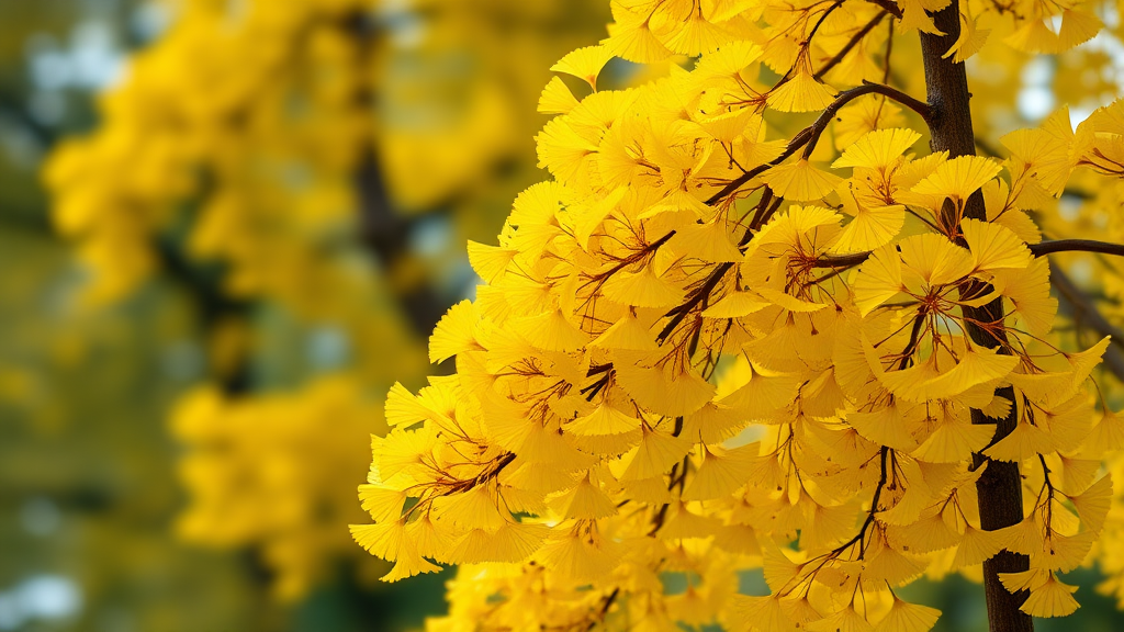 A realistic yellow ginkgo tree, with a layout featuring a large yellow ginkgo tree placed on the right and ginkgo leaves falling beneath it, while the background is expressed with out-focusing.