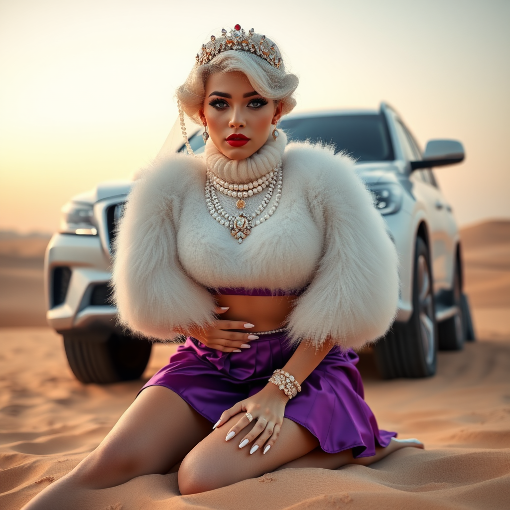 Kuwait desert dunes misty dawn, full size luxury SUV: Melissa, European 17 years old very convincing femboy “trophy-bimbo”, tamed servile docile, very beautiful feminine flawless face, rather short, by hormones very curvaceous womanly figured, platinum blond short tight curls, bold red lips, long white French nails, heavily made-up face, wearing Supertanya-style fluffy very fuzzy bright white angora turtleneck-poncho cropped ending under bust decorated with pearls and glass stones, very tight purple vinyl mini pleated skirt, white pearl belly piercing, full Oriental bridal jewelry including headpiece, oriental white transparent face veil over nose and mouth, coin wristlets, coin anklets, striking diamond “Bimbo” letter brooch on left chest, pout frustrated, kneeling in sand in front of SUV, looking at camera. Focus on face and turtleneck-poncho.