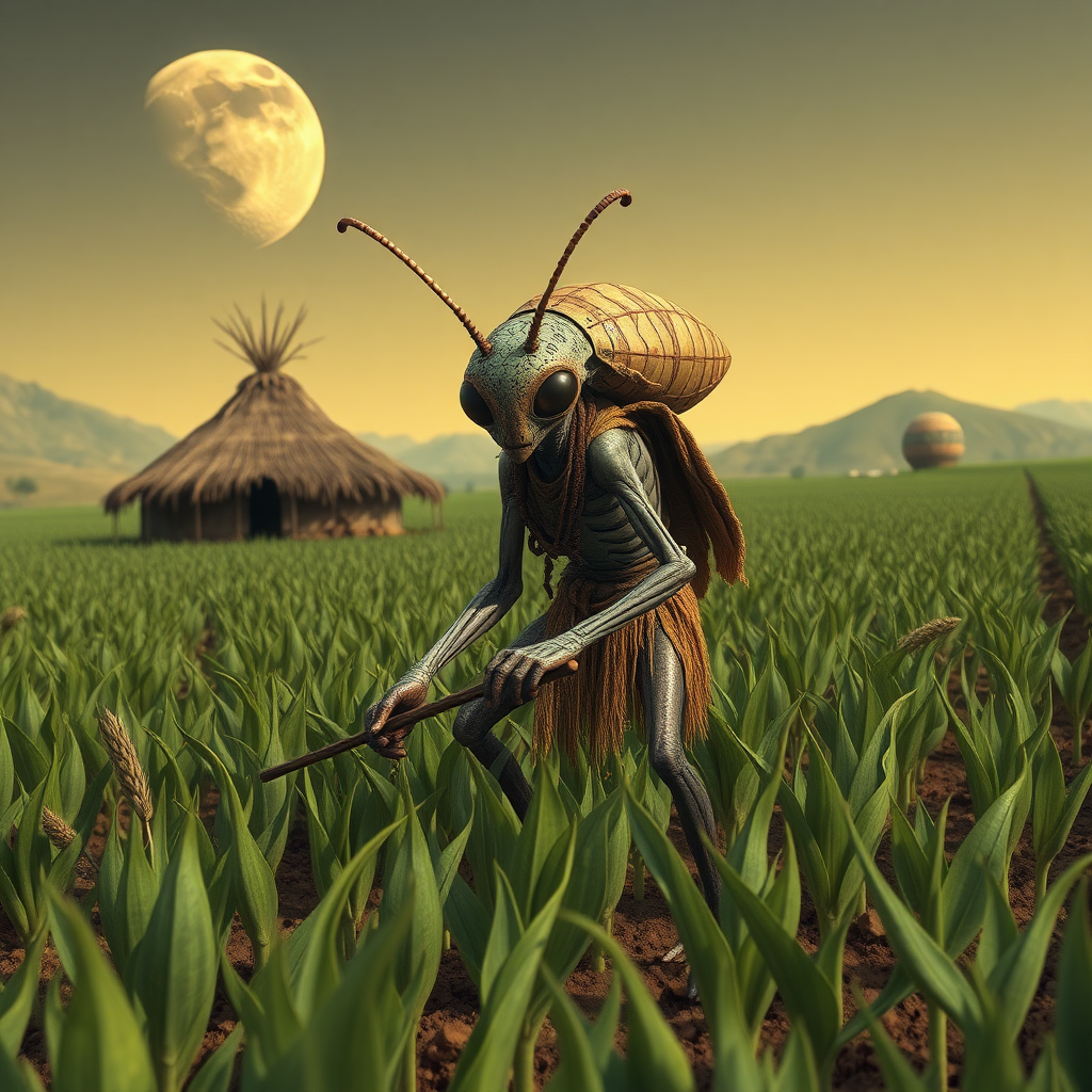 A humanoid insect alien in tribal clothing tilling a field of alien crops, alien huts in the background, ((two moons)) visible in the sky, low gravity.