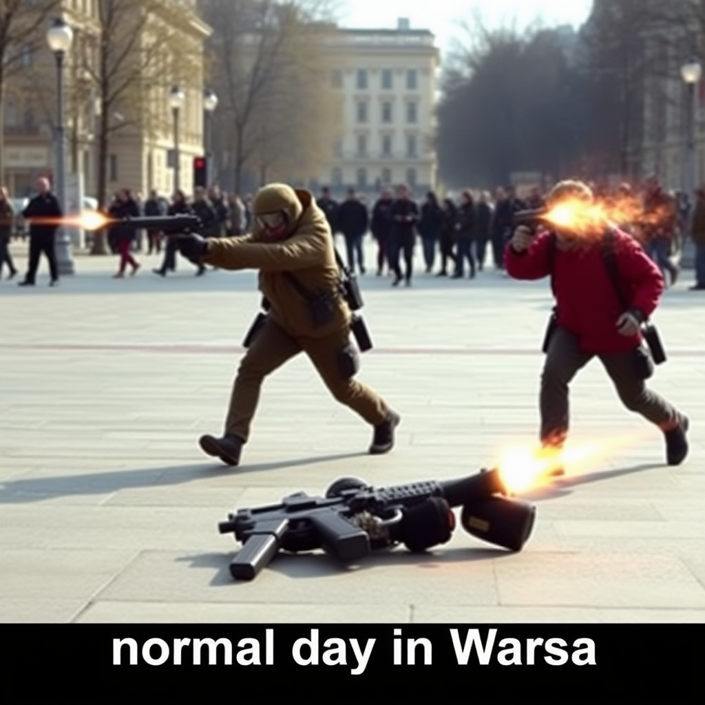 Two walking pistols shooting at each other with caption "normal day in Warsaw"