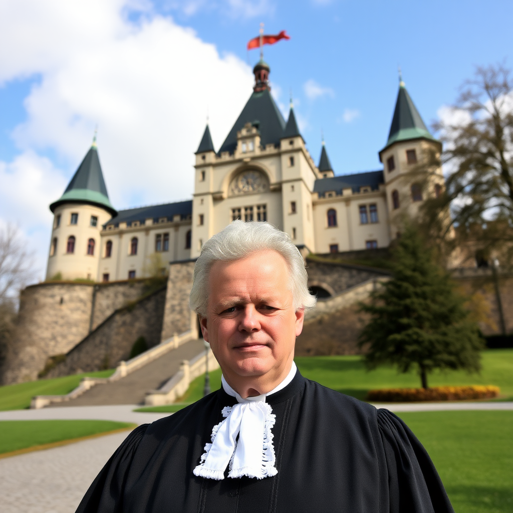 A German judge stands in front of Hohenzollern Castle.