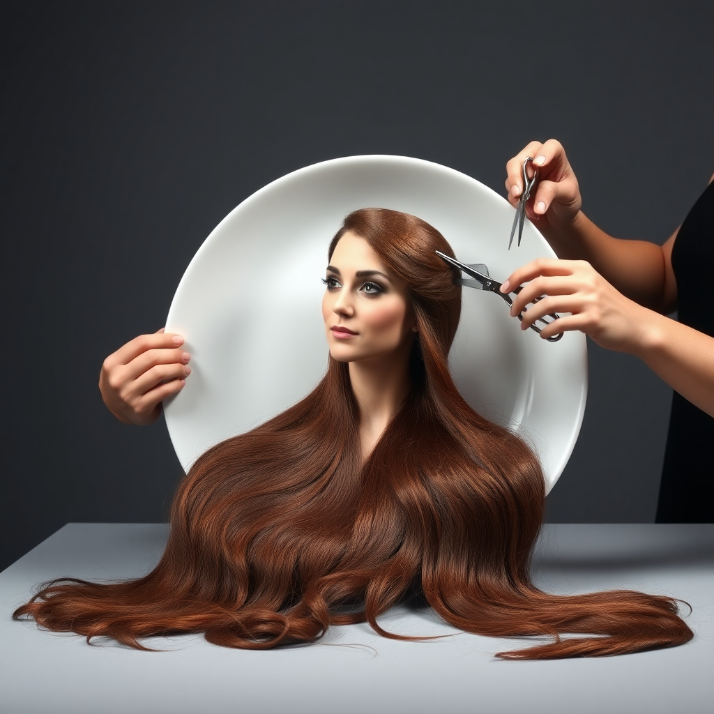 In a strikingly surreal scene, a beautifully crafted porcelain plate holds the disembodied head of a graceful Kate Middleton, her long, flowing hair cascading around like a luxurious waterfall of silky strands, shimmering in various shades of deep chestnut. Each hair seems to catch the light, creating an almost ethereal glow. Nearby, a meticulous hairdresser, dressed in a sleek black apron, carefully snips away at Kate's locks with precision scissors, their actions fluid and deliberate, emphasizing the delicate artistry of the moment.

The setting boasts minimalist decor, with a plain gray background that heightens the focus on this bizarre tableau. Soft shadows play across the smooth surface of the plate, enhancing the haunting beauty of Kate's serene expression, which conveys both elegance and an uncanny sense of stillness. The atmosphere is a blend of surreal calm and unsettling intrigue, pulling the viewer into a dreamlike space where reality and imagination intertwine. Gentle noises of scissors softly clipping away hair are the only sounds in this peculiar yet captivating scenario, heightening the tension and drawing viewers into this striking juxtaposition of beauty and the bizarre.