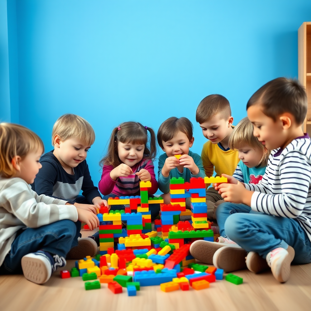 A group of 5 children playing toy building blocks all from different countries age 10 and room in which they are playing should have blue color walls.