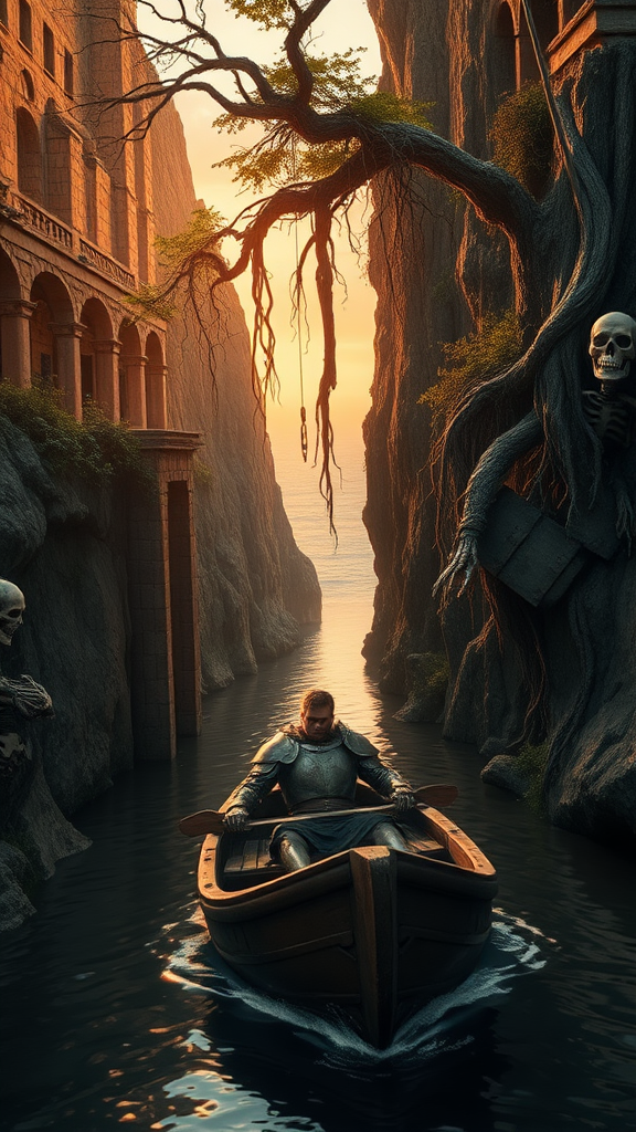 A cinematic panorama of a lone, wounded knight, slumped against the prow of a small wooden boat, his armor battered and stained with blood. The boat navigates a narrow river, its waters reflecting the fiery hues of a setting sun. Towering cliffs rise on either side, their rugged surfaces adorned with crumbling ruins of ancient structures. Thick vines, gnarled roots, and lush foliage cascade down the rock walls, bridging the chasm with their tangled embrace. Skeletons, clad in decaying armor, hang suspended from branches, their skeletal forms swaying gently in the breeze. As the river winds its way towards the distant ocean, the cliffs gradually open, revealing a glimpse of a vast, sun-drenched expanse of water stretching towards the horizon.