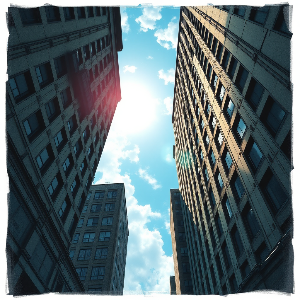 Draw it as if it's a real picture, with a composition looking up at the sky between tall buildings. The sky should be depicted in a dramatic scene with sunlight streaming in.