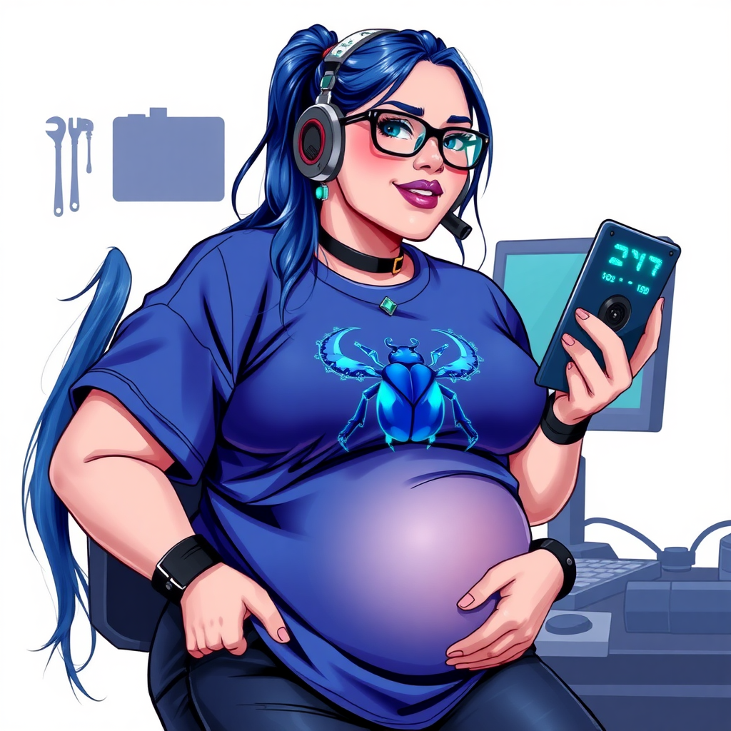 A cyberpunk vigilante’s full-figured intelligent and tech-savvy 28-year-old girlfriend, who is a computer hacker and tech genius. She has a long maximum blue ponytail. She wears maximum blue lipstick, blue eyes, a sapphire beetle gemstone necklace, sapphire earrings, black eyeglasses, and an oversized maximum blue t-shirt featuring a blue sapphire gemstone crusted chest icon of a beetle. She has a full-figured physique with a prominent, large, round belly, reflecting her well-cared-for lifestyle. She sports a sapphire headset with a hi-tech maximum turquoise lensed HUD, and a shy smile with a neon red blush. She serves as his tech expert from his hideout, diligently working at her workbench and computer desk, while holding an electronic wrench and a holographic computer tablet. The background is solid white. She is drawn as if she was in a retro 2D cyberpunk fighting game. Ensure her maximum blue t-shirt covers her belly.