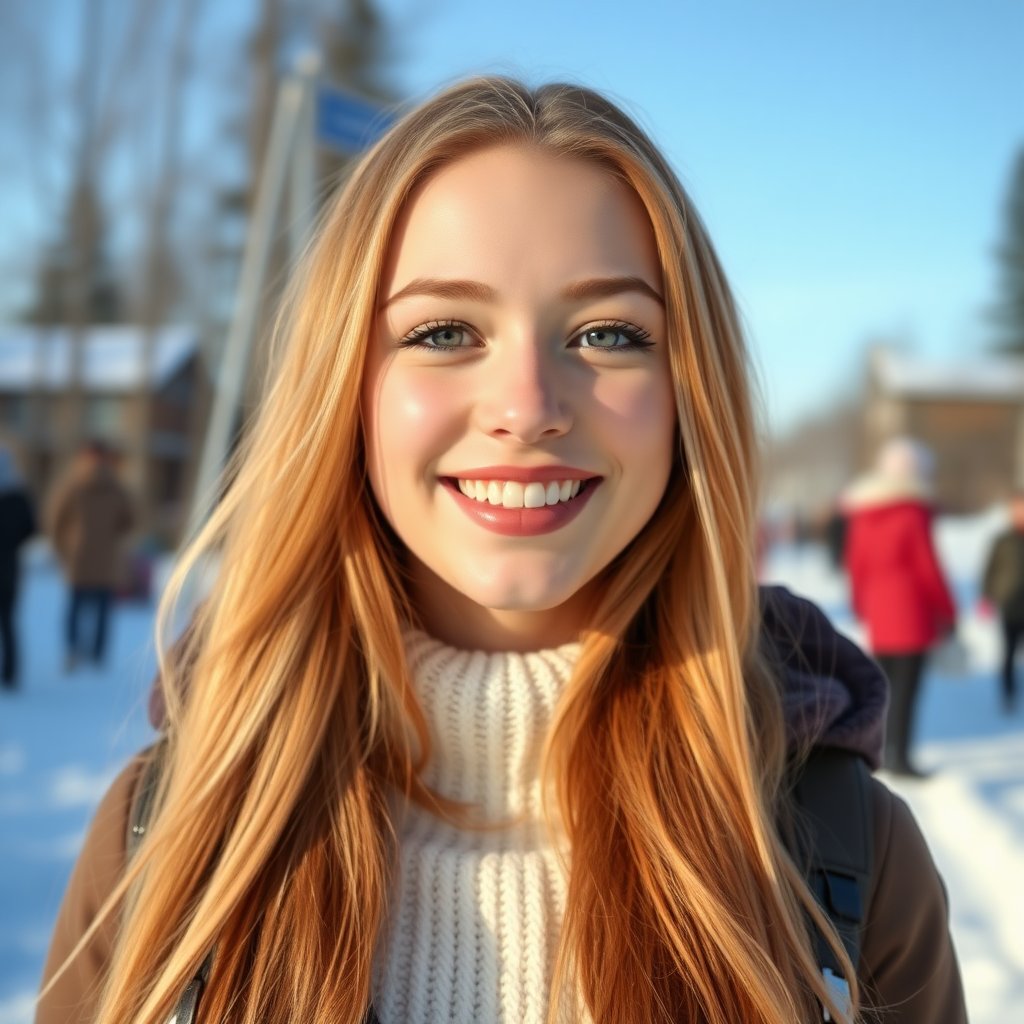 beautiful happy young woman with cherry blonde long hair, full lips, perfect eyebrows, pale skin, on Alaska during winter in Anchorage on sunny snow day