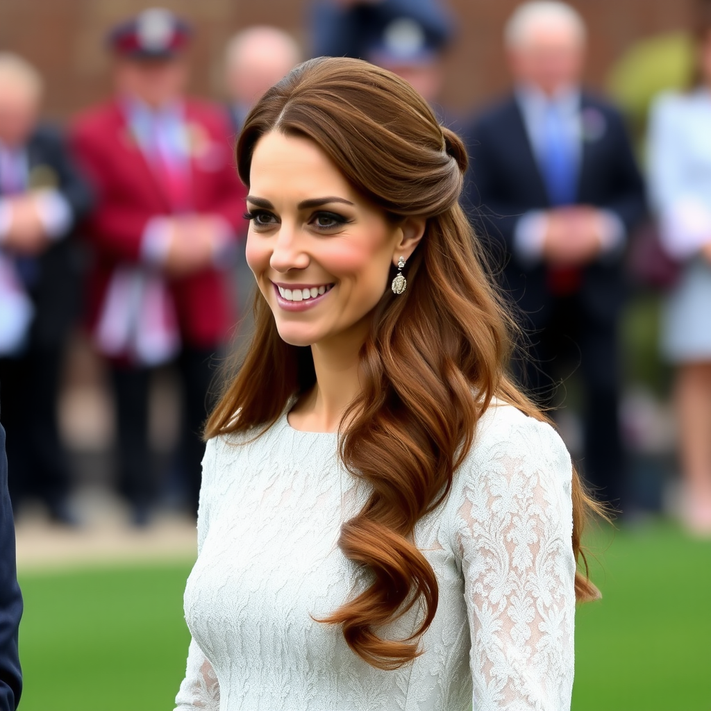 Beautiful very long haired Kate Middleton wearing her very long hair as a dress