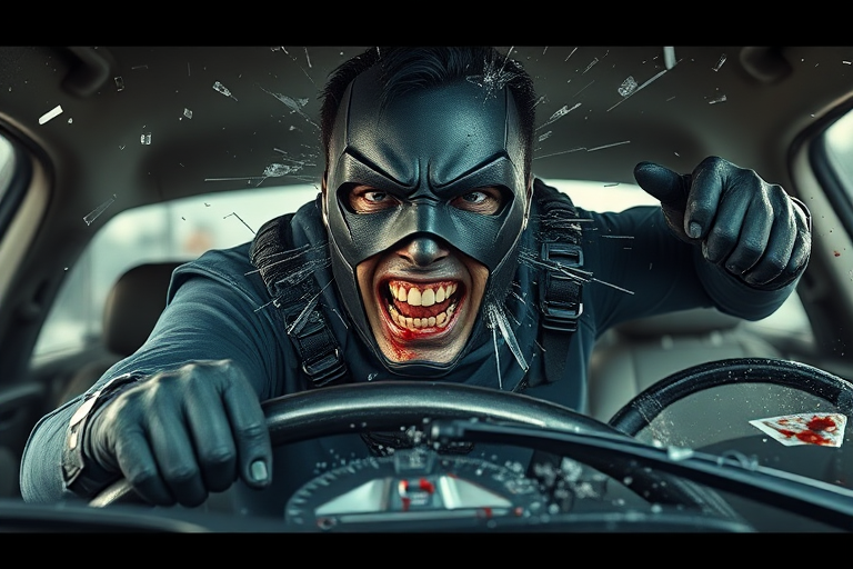 Realistic. Masked Superhero in car crash, glass breaking, propelled forward with tortured face over steering wheel and out through windshield of car and out over hood of car. Blood and glass flying. Mask being torn from face by breaking windshield.