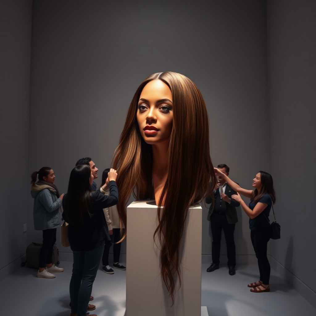 In an innovative art space, an interactive exhibit showcases a mesmerizing magic trick featuring a stunningly realistic, life-sized disembodied head of Beyoncé, adorned with luxuriously long, flowing hair that cascades down the stand like a shimmering waterfall of ebony silk. The exhibit is bathed in soft, warm lighting that highlights the intricate details of her features—high cheekbones, full lips, and vibrant, expressive eyes that seem to sparkle with life. 

Visitors flock to the exhibit, their faces illuminated with curiosity and wonder, as they reach out to gently play with the silky strands, which feel soft and smooth beneath their fingers. The air buzzes with excitement as whispered conversations fill the gallery, punctuated by the occasional gasp of surprise as each visitor experiences the sensation of touching the hair—a surreal blend of fantasy and reality.

The plain gray backdrop serves to accentuate the ethereal quality of the display, drawing the eye solely to the captivating spectacle of Beyoncé's head, as if she is caught in a magical moment between worlds. The overall atmosphere is one of playful enchantment, as guests become part of the performance, interacting with the hair that seems to embody both elegance and whimsy, transforming the experience into a collective celebration of beauty and artistry.