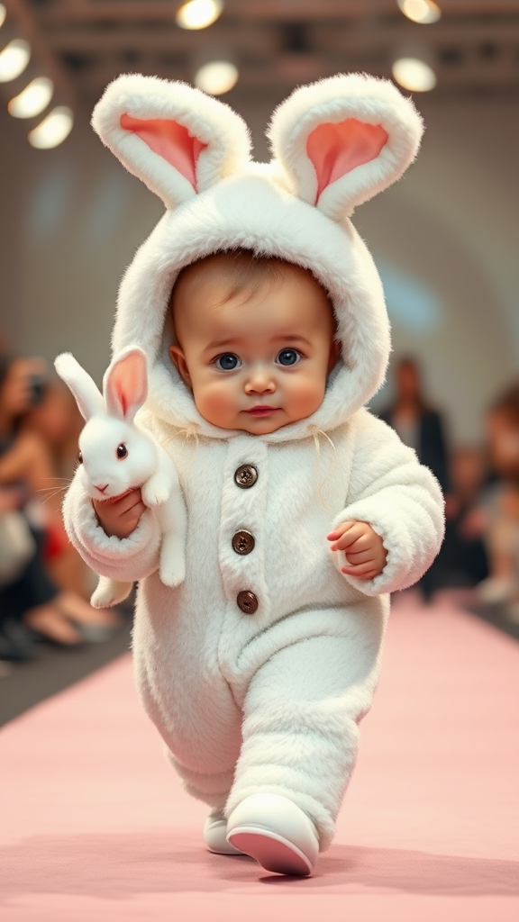 A cute small chubby fair baby with big eyes, pink lips, and pink cheeks, wearing a furry cozy white rabbit costume, doing a ramp walk in a fashion show while walking with a real white rabbit held in one hand, cinematic.