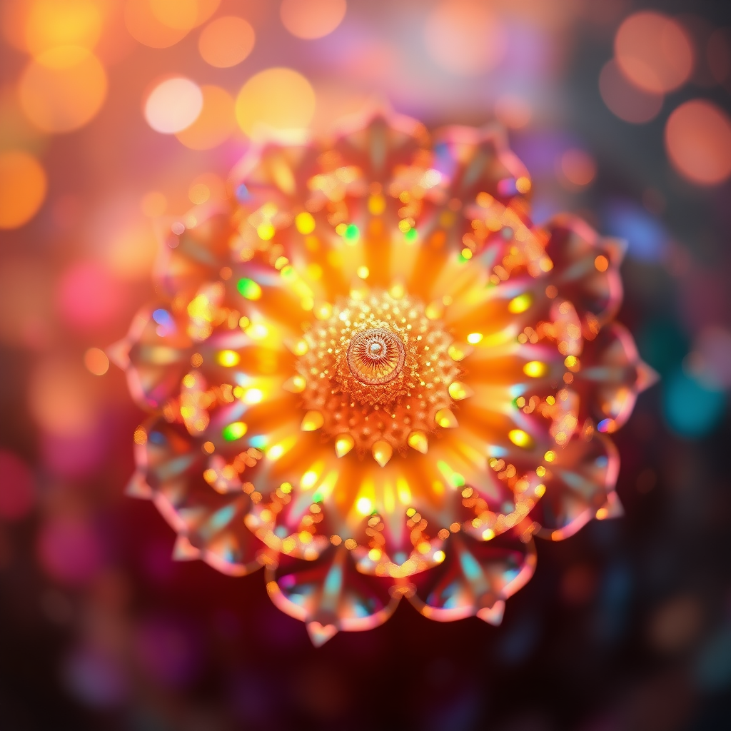 aura, Bokeh, abstract, mandelbulb fractal, dynamic composition, street photography, fractal, brilliant colors, glittering, translucent, opal, gold, sharp focus, floral, mother of pearl, iridescent, natural, glowing, sacred geometry