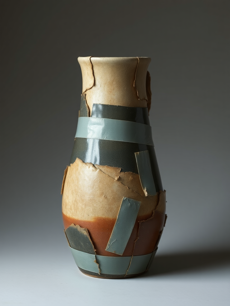 old ceramic vase in pieces, glued with duct tape, in soft dark colors, cold aura