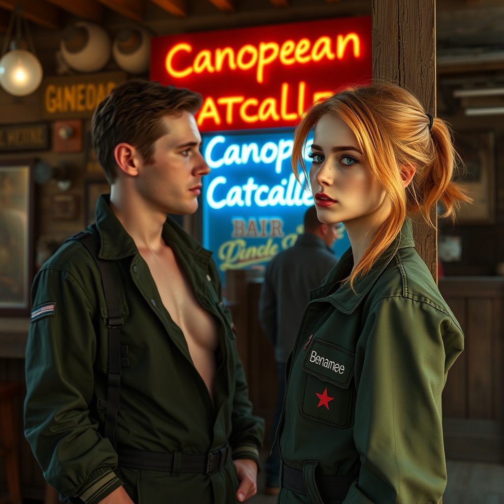 A twenty-something girl resembling Ana de Armas, strawberry blonde hair, small chest, pale skin, freckles, eyeshadow like Avril Lavigne. Wearing a military flightsuit with "Benaenae" on the pocket. Leaning against the wall in front of a bar in a science fiction western town. Talking with a tall man. Neon sign with the words "Canopean Catcaller" above the door.