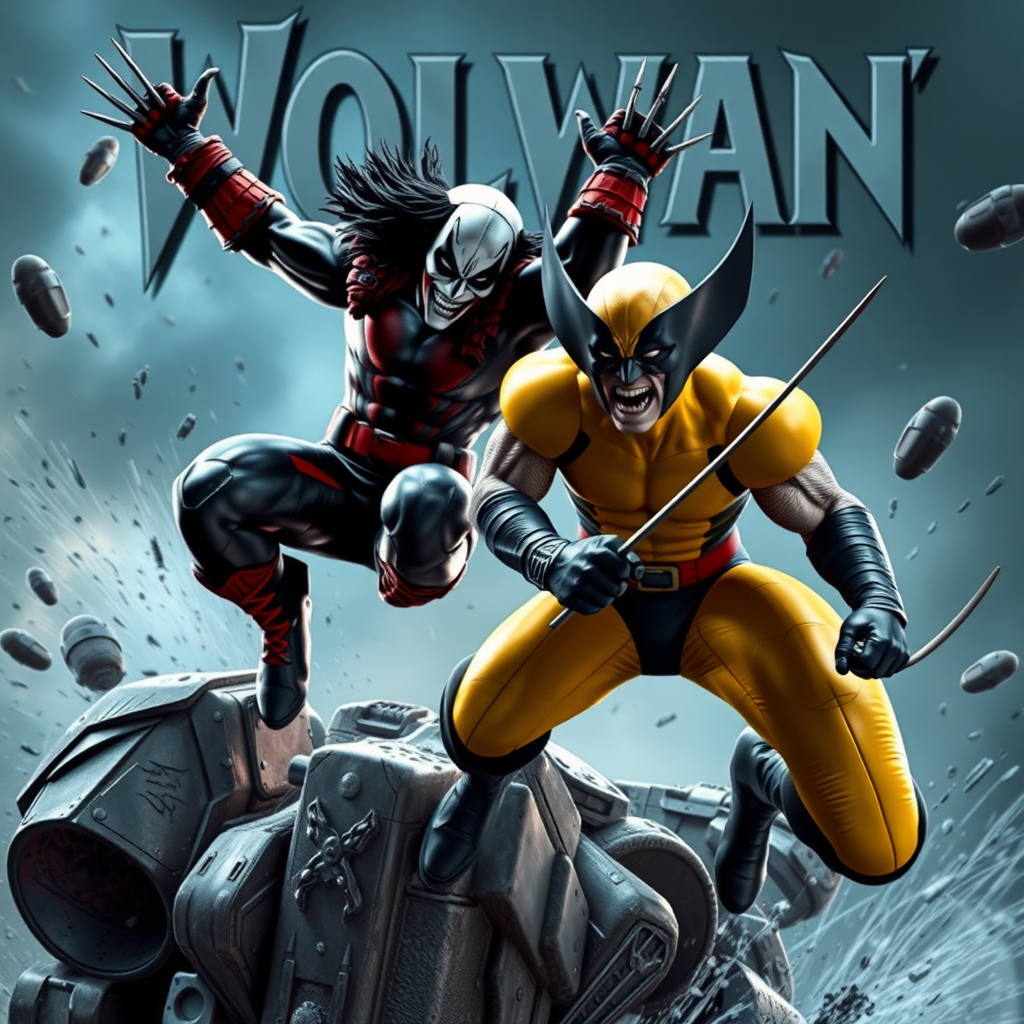 Jumping out of a Comic book cover is Spawn and Wolverine in Cinematic Real3D photo-realistic quality.