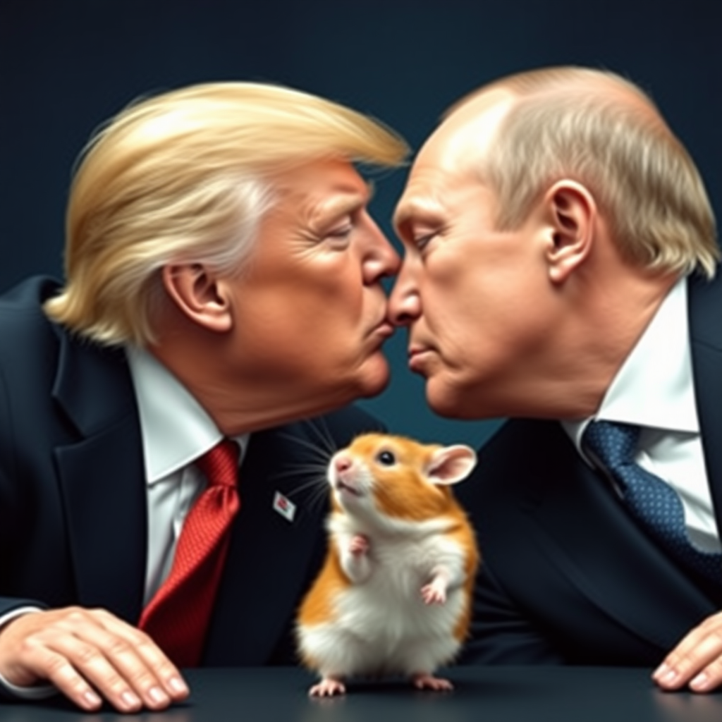 Donald Trump and Vladimir Putin kissing passionately while a hamster watches