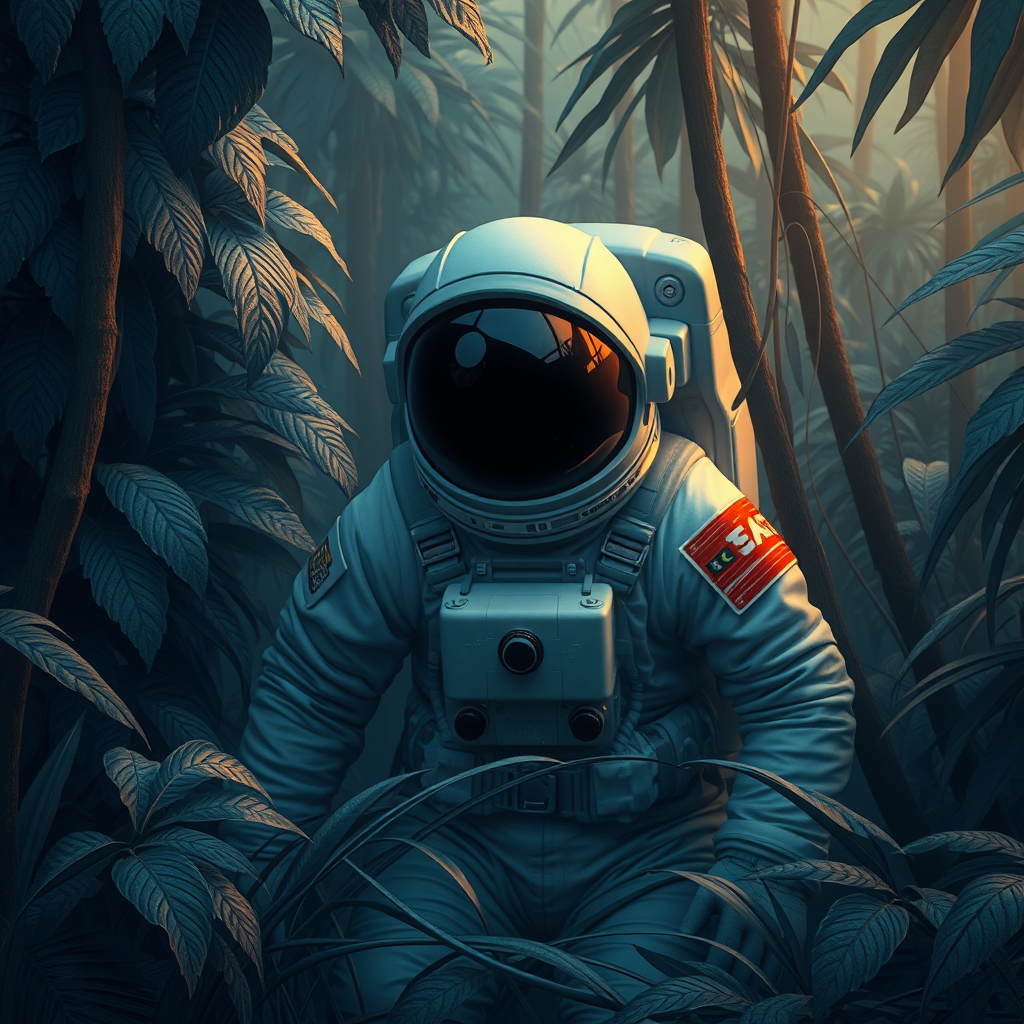 Astronaut in a jungle, cold color palette, muted colors, detailed, 8k