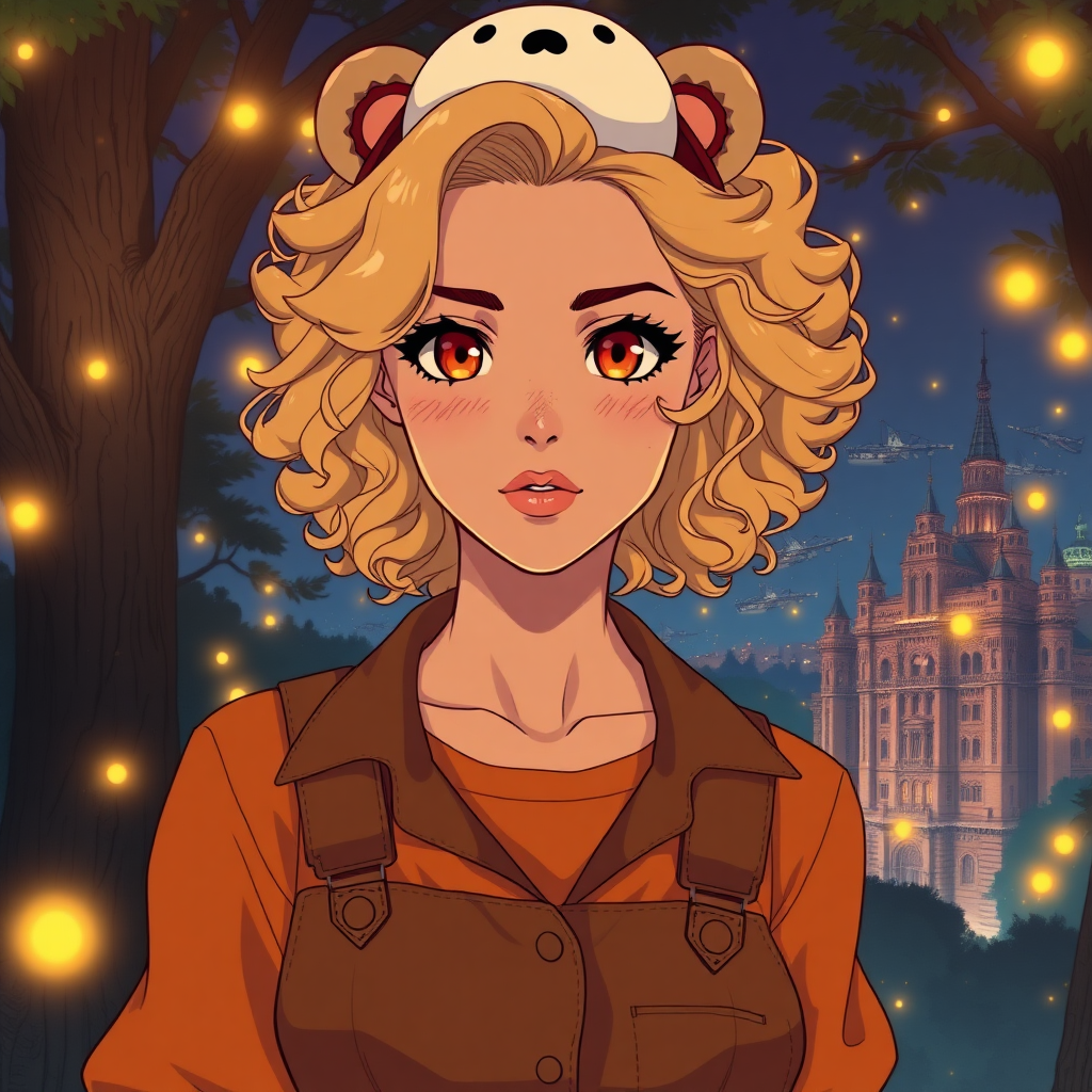 Create a detailed, 80s anime-style image of a 25-year-old woman with olive skin. Her eyes are amber and orange in color. Her hair is voluminous and curly to her shoulders. She has delicate features and her face is strong and cute at the same time. She wears a brown jumpsuit and an orange blouse underneath. She has freckles on her face. It's in the middle of a dark forest, lit by fireflies that glow softly. In the background, a city with fantastic architecture, giving a magical touch to the scene. The image must be anime style, capturing every detail with precision and 8k quality. It looks like a photograph. Extremely anime. 25 years old. She wears a bear clip on her head. Beautiful. Beautiful. Extremely realistic. Beautiful appearance. Shiny golden blonde hair.