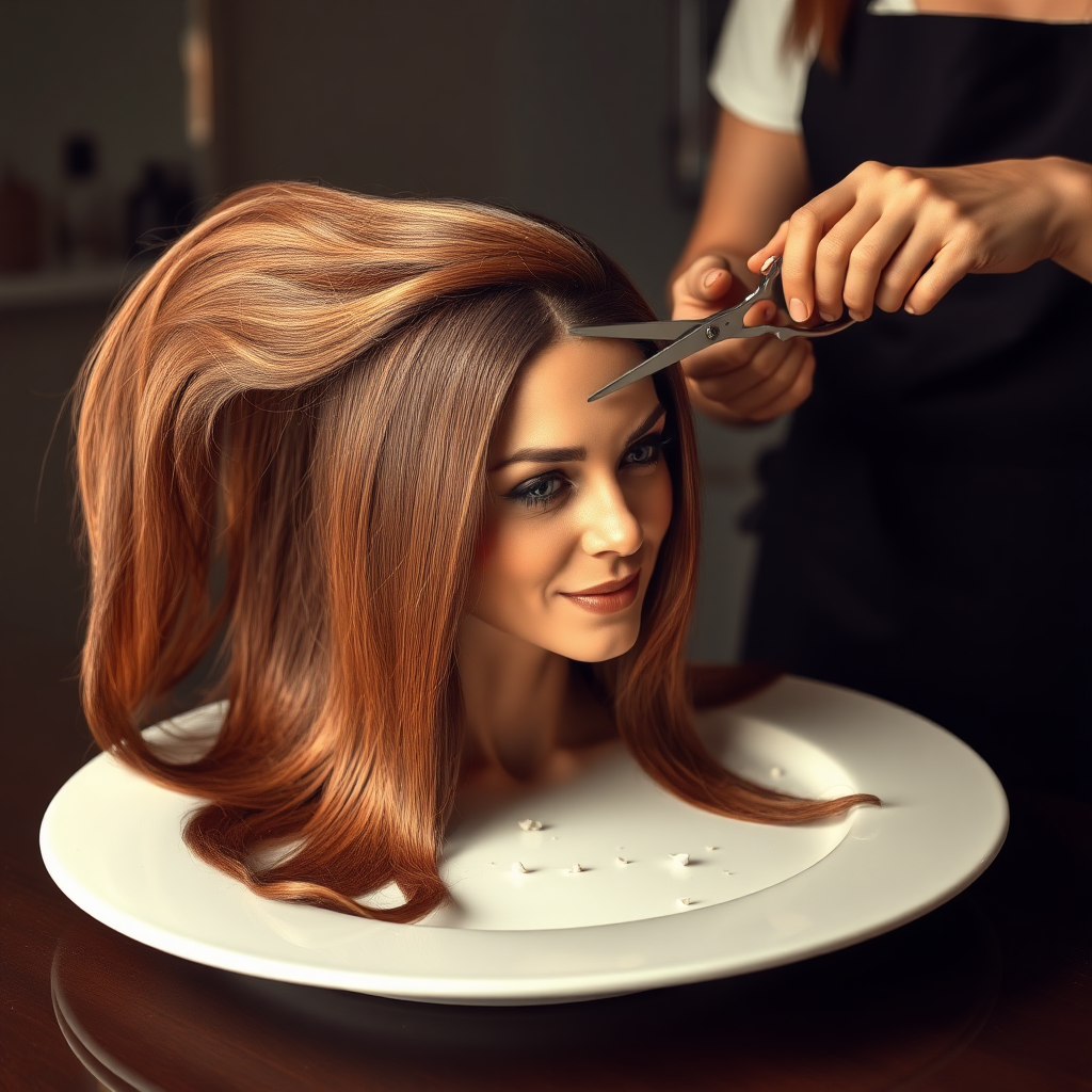 In a bizarre, surreal tableau, the polished surface of an elegant dining plate cradles the disembodied head of a strikingly beautiful Kate Middleton, her long, flowing hair cascading like a glossy waterfall of deep chestnut and honey highlights. The hair is luxuriously arranged, strands shimmering under the soft, ambient light that bathes the scene in an ethereal glow.

A skilled hairdresser, clad in a sleek black apron, stands poised with a pair of gleaming scissors, carefully trimming the endlessly luxurious locks that frame Kate's serene, almost ethereal features. The air is thick with the scent of salon products mingling with delicate hints of floral fragrances, creating an unusual yet strangely inviting atmosphere. The hairdresser's focused expression reveals a meticulous dedication as snippets of hair fall gracefully onto the pristine plate, echoing a sense of both artistry and absurdity.

The overall emotional tone conveys a dreamlike quality, inviting viewers to ponder the juxtaposition of beauty, identity, and the bizarre circumstances that bind them in this extraordinary moment.