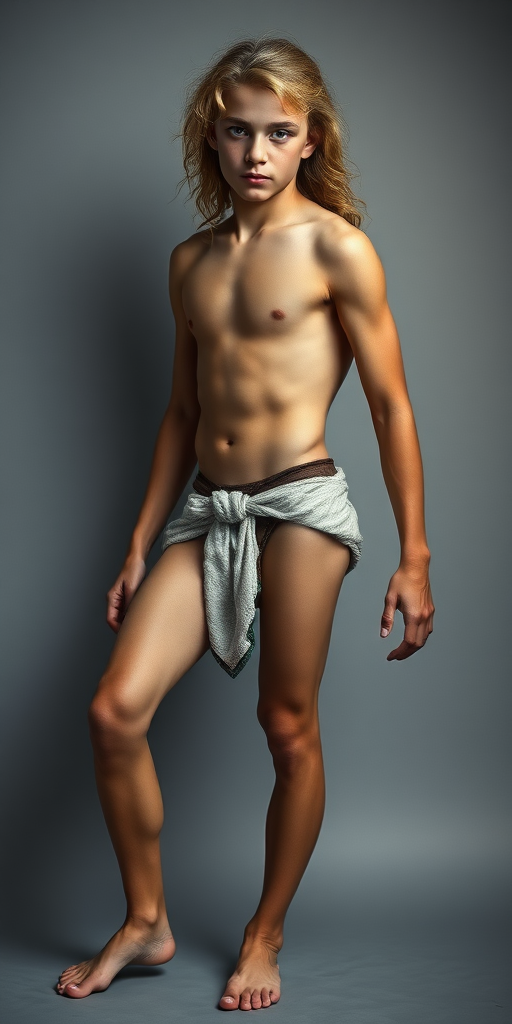 photorealistic, ultra high resolution, 16K, an ancient Greek skinny 14-years-old teen boy, long legs, bare thighs, curly blond long hairs, erotic posing. Full length view. 