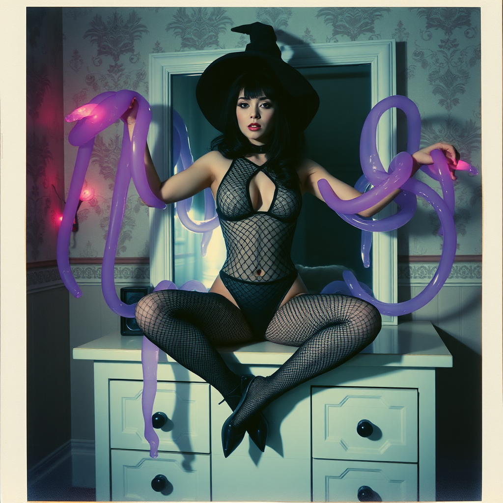 Scan of an nsfw old polaroid photograph with visible wear and heavy vignetting and blue color tint and light leaks, depicting a sexy pale curvy alt goth girl with black hair wearing skimpy fishnet black bodysuit and gstring revealing her nipples and wearing black stockings and high heels, sitting on a builtin vanity with mirror in old house with wallpaper on walls with her knees spread apart.  Camera flash used.  Dark lighting.  Moody and hazy.  Grunge look.  Erotic.  Nude. Pink Christmas Lights on wall.  She is wearing a witch hat and is being restrained by giant glowing translucent slimy jello like purple tendrils coming from inside the mirror, wrapping tightly around her arms and legs and torso.  The tendrils are pulling her back towards the mirror.