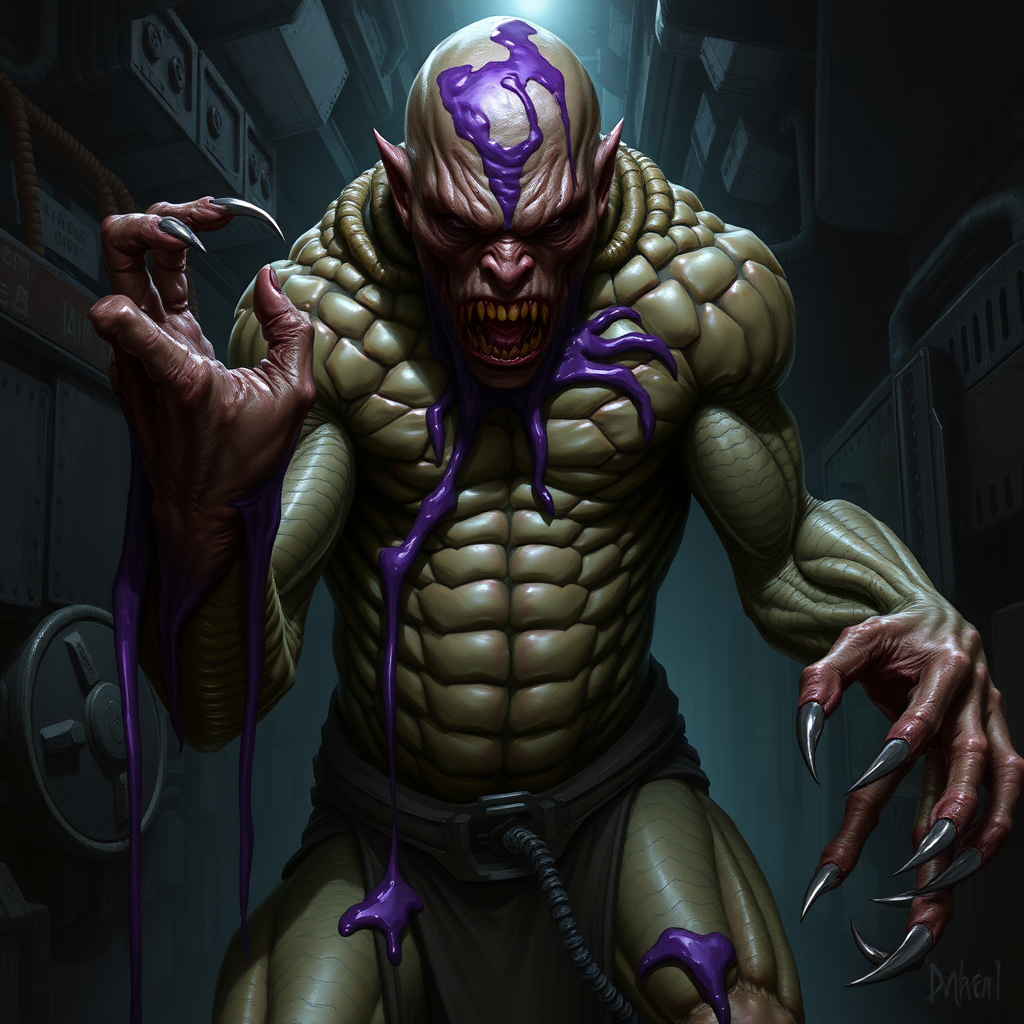 Sci-fi digital horror painting. Heavily mutated crew member, skin covered with sturdy scales, his body and limbs elongated and twisted while muscles ever tensing. Aggressive violent snarl on face. One hand has long sharp claws while the other looks relatively normal. Purple goo oozing all over him. Dark rocky industrial corridor.