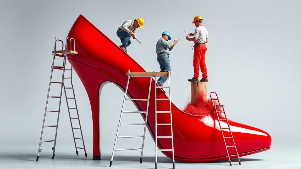 I would like to see a photograph in which a red women's shoe with stiletto heel is prominently displayed. On the shoe are 5 workers at work. Two persons are painting the shoe red. Another is sanding the shoe. A fourth person is removing some damage and the fifth is supervisor. Scaffolding and ladders are being used. Relative to the workers, the height of the shoe is 10 meters.

The whole image should convey that work is being done to refurbish the shoe.

Note that the scaffolding is crucial and should be used for two works working on it. The shoe must be placed on the ground.