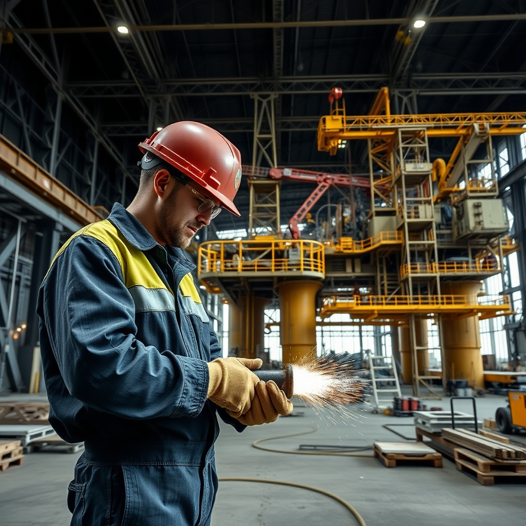 a locksmith in full action at the construction of oil platforms in a large hall next to the platform