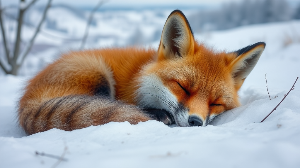 A sweet fox sleeping. In the background is a winter landscape.