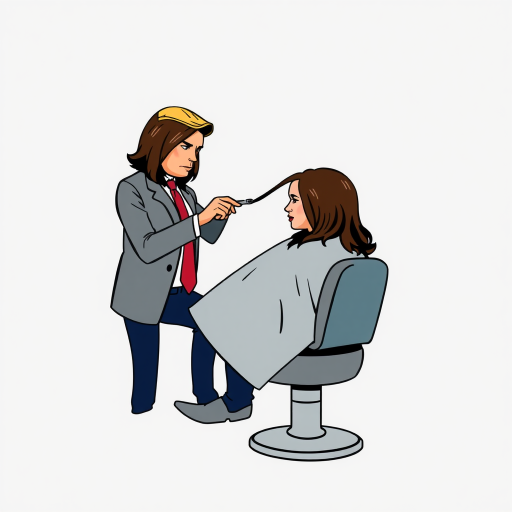 Kamala Harris sitting in a barbershop while Donald Trump cuts her long hair. Plain gray background.