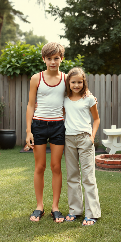 photorealistic, ultra high resolution, 16K, a tall skinny long bow cut 13yo boy wearing tank top, tight booty shorts, Long legs, bare thighs. With a girl wearing t-shirt, long pants. At backyard. Full length view. Vintage family photo, 1980s.