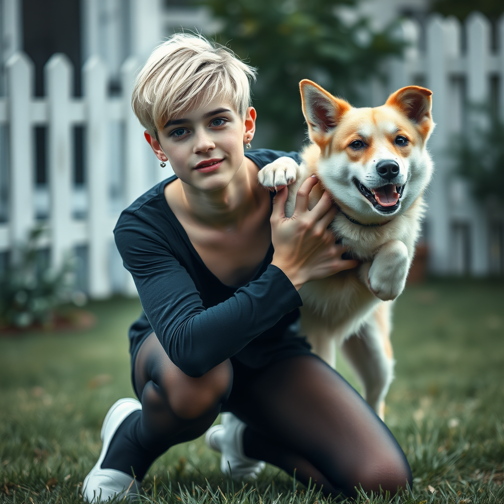 photorealistic, ultra high resolution, 16K, surreal fantasy, studio lighting, a pretty 16 year old goth male, slim male physique, short blonde hair, goth makeup, earrings, pantyhose, white ballet shoes, playing with his dog in the yard - he is kneeling forward, while the dog stands up behind him and rests its paws on the boy's shoulders, excited smile, facing the camera.