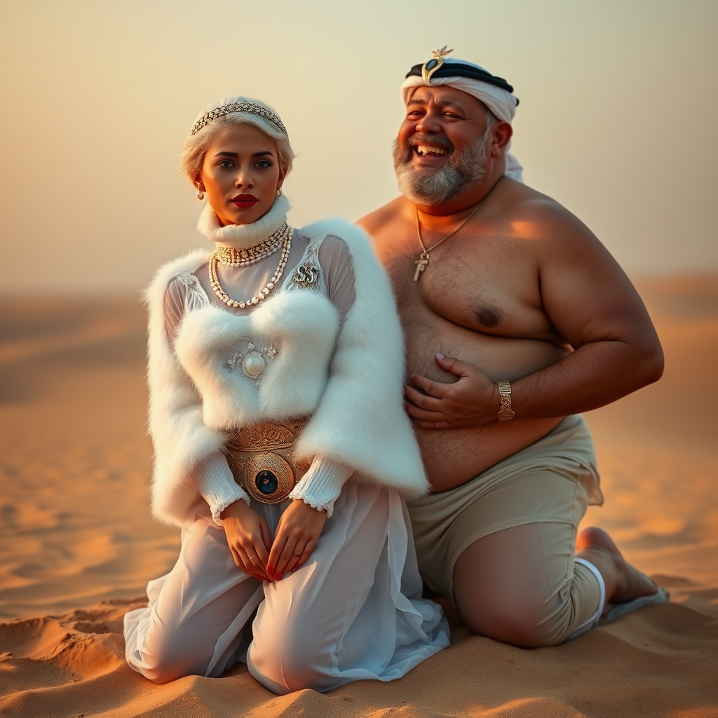 Kuwait desert dunes misty dawn: Melissa, European 17 years old very convincing femboy “trophy-bimbo”, tamed servile docile, very beautiful feminine flawless face, rather short boyish figure, platinum blond short tight curls, bold red lips, heavily made-up face, wearing Supertanya-style fluffy very fuzzy bright white angora turtleneck-poncho cropped ending under bust decorated with pearls and gemstones, striking oriental wide gold bridal protection belt, white fully transparent harem pants, full Oriental bridal jewelry with striking headpiece, full Oriental face-jewelry, striking diamond “$$$” letter brooch on left chest, pout frustrated, hands tied behind back, kneeling in sand with older overweight mighty sheik laughing, devotedly embracing Melissa.