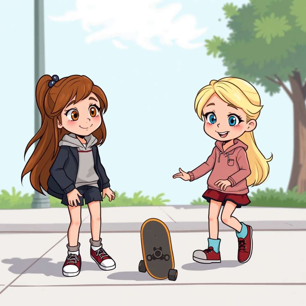 Two cartoon sisters, one a teen with light brown hair and hazel eyes and the other an elementary-aged kid with blonde hair and blue eyes, playing with a skateboard on a sidewalk.