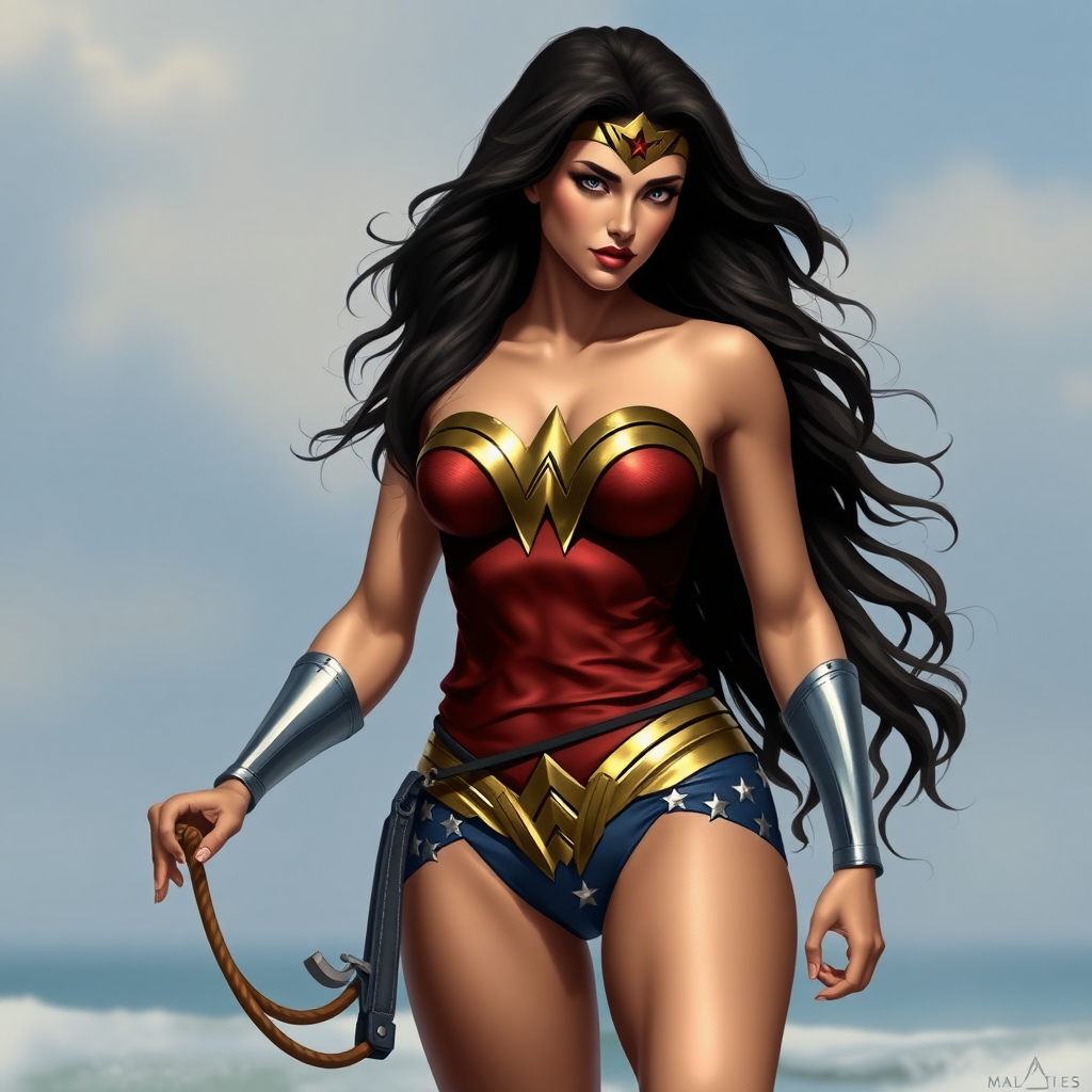 Wonderwoman wearing a t-shirt and bikini bottom

. realistic photo